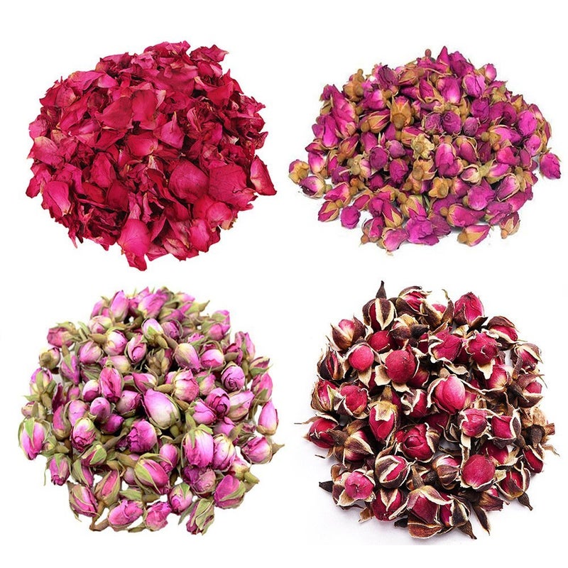 TooGet Flower Petals and Buds Variety Rose 4 Bags Includes Rose Peta Flowers Buds Rosa Damascena Golden-Rim Green Tea Bulk Flowers - Image 1
